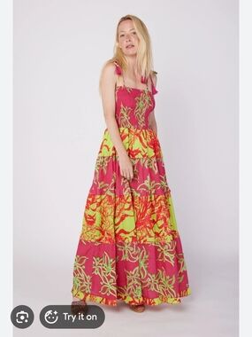 Dianora Spaghetti Strap Smocked Tiered Maxi Dress. Raspberry/Lime. Size L